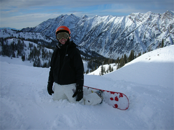 Susan Barnes snowboarding at Snowbird, Utah